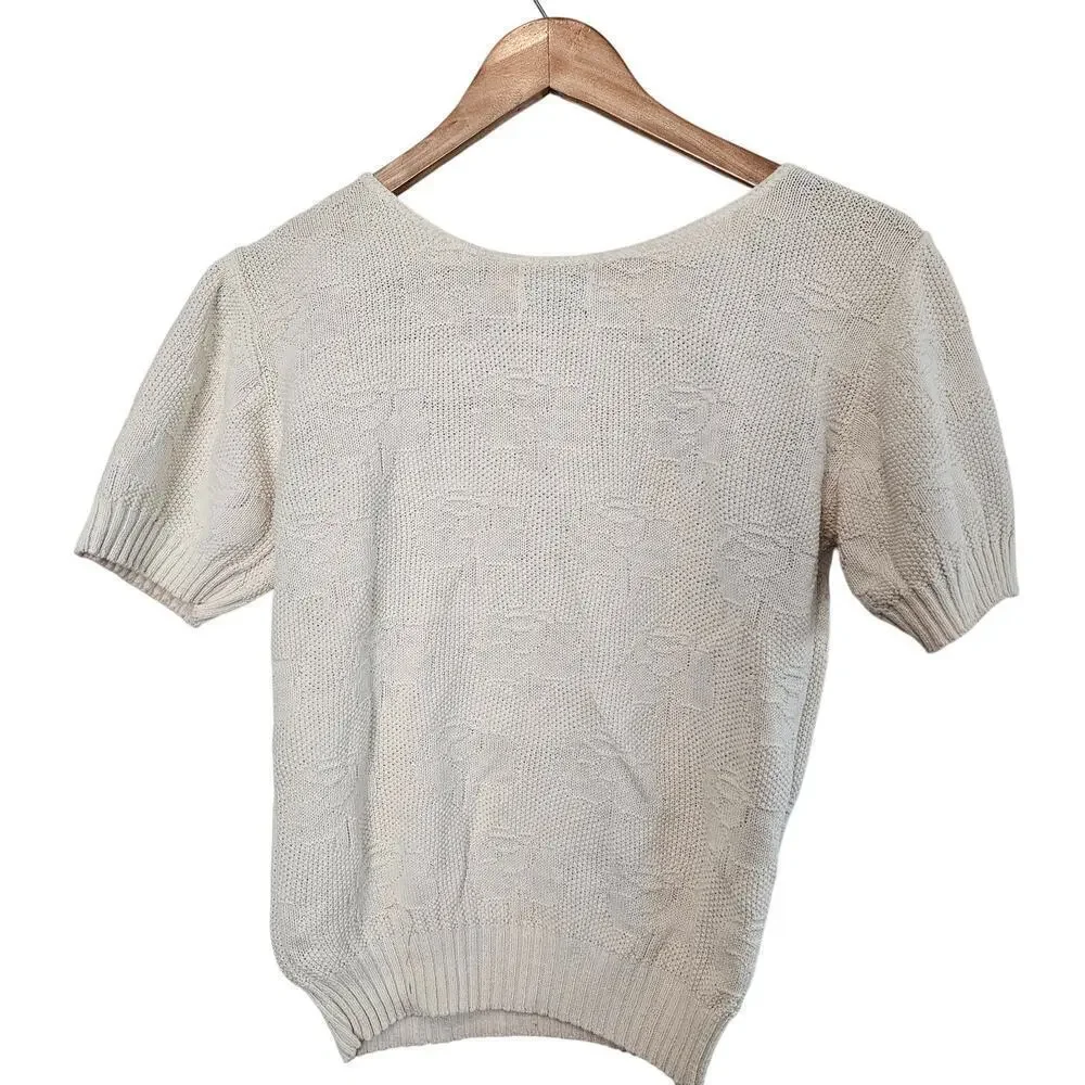 Vintage Wrangler Sweater Women Med White Floral Knit Twee Preppy Cottage 80s